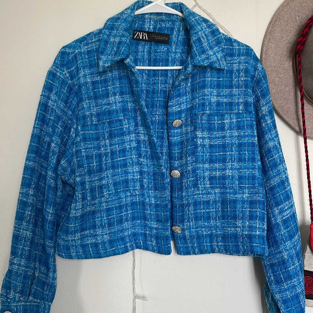 Zara Blue Tweed Blazer Jacket - Picture 5 of 5